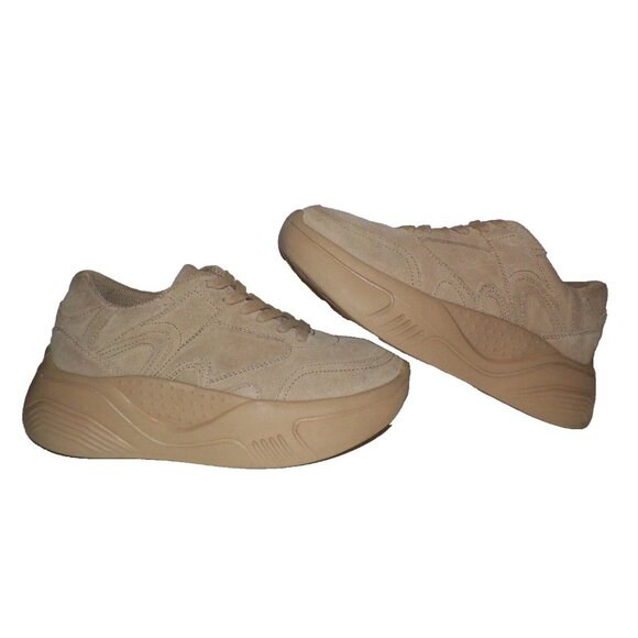 EU 38 Women's 7.5 Zara Platform Sneakers Shoes Beige Suede 2.5 Inch Heel Y2K - Picture 4 of 12